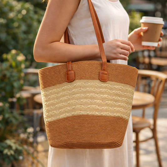 Large-capacity, handwoven handbag & cap