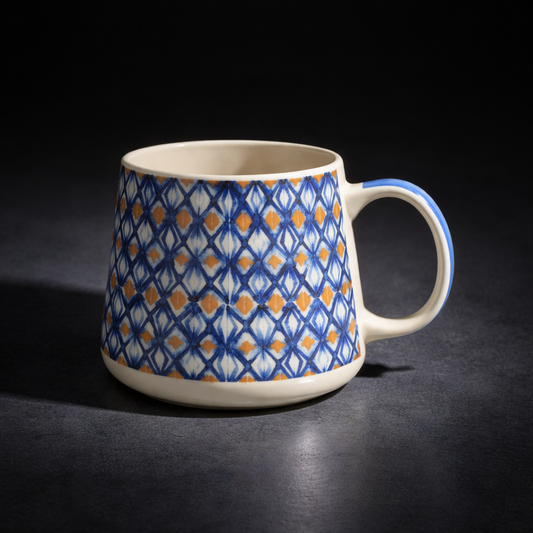 Blue and Gold Ikat Diamond Ceramic Coffee Mug