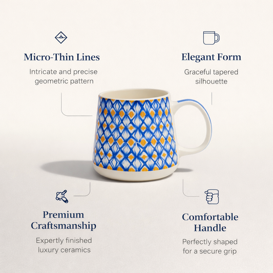 Blue and Gold Ikat Diamond Ceramic Coffee Mug