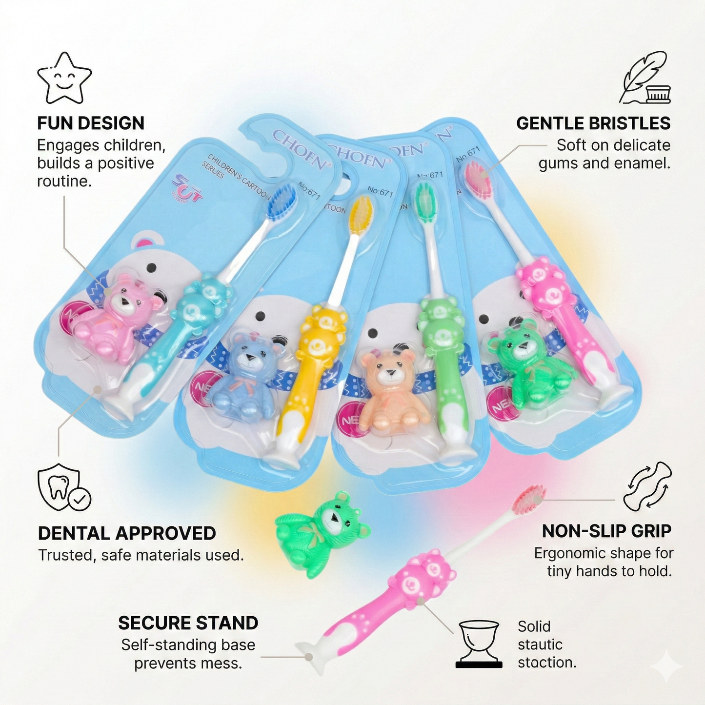 Multicolor Toothbrush With Teddy Toy For Kids ( Pack of 4 )