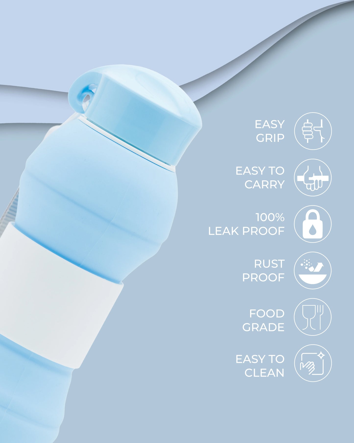 Collapsible Silicone Water Bottle Sky Blue – 550ml – TUFULA