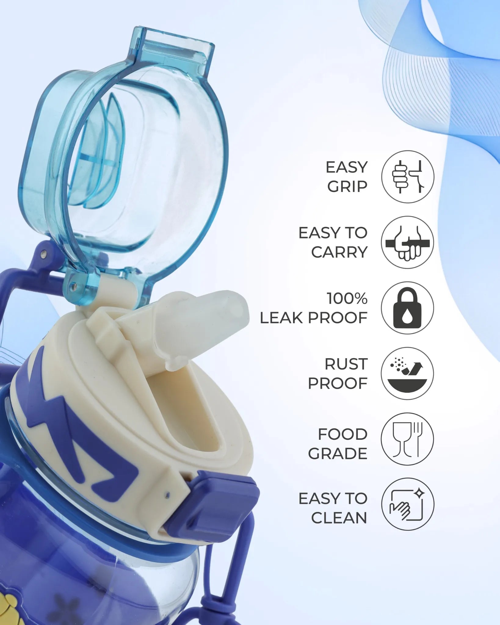 Cartoon Straw Water Bottle Blue – 700ml – Kids BPA-Free Sipper – TUFULA