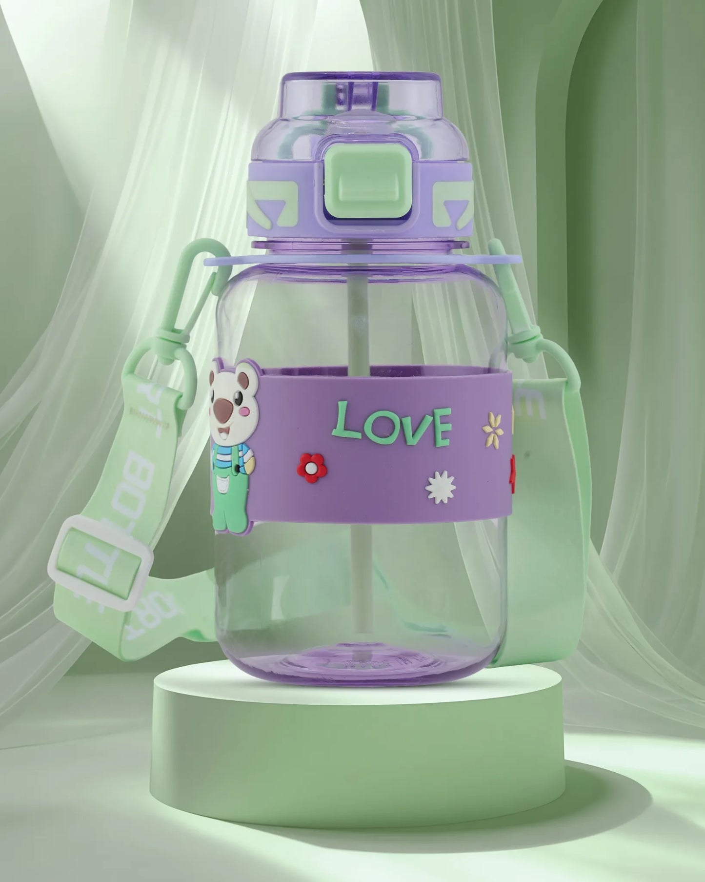 Cartoon Straw Water Bottle Purple – 700ml – Cute Design Water Bottle – TUFULA