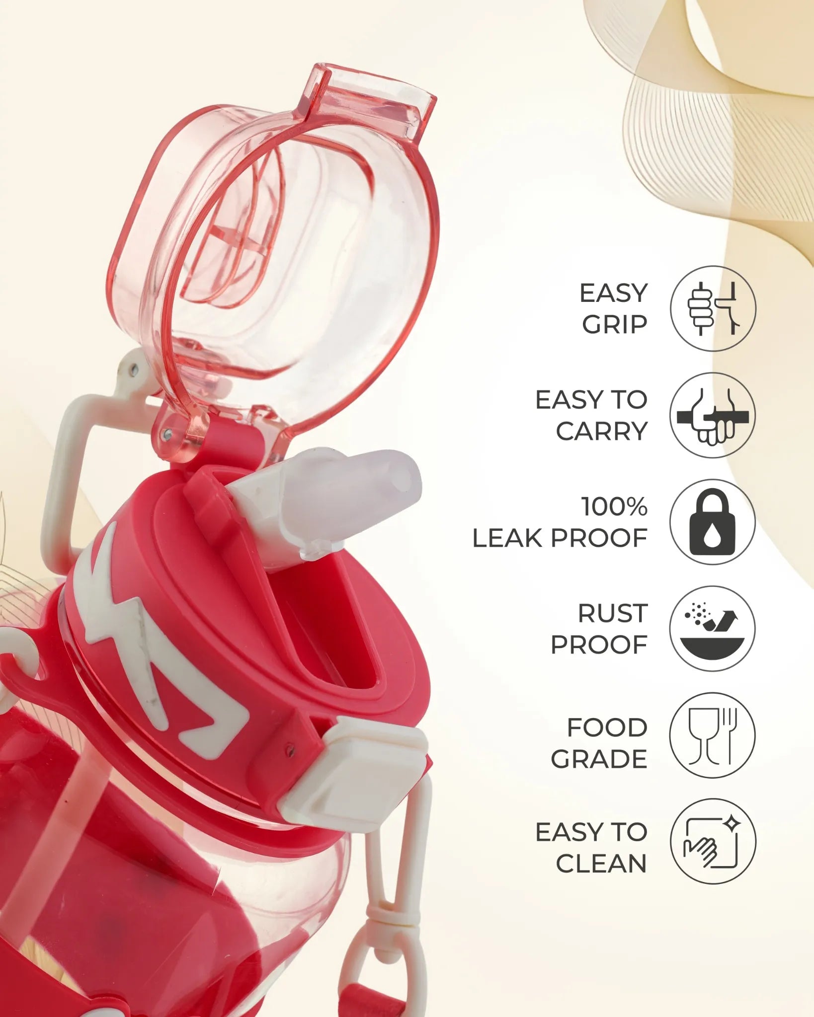 Cartoon Straw Water Bottle Red – 700ml – BPA-Free Sipper with Strap – TUFULA