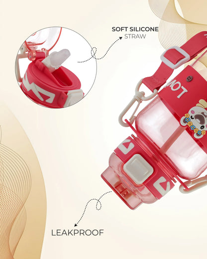 Cartoon Straw Water Bottle Red – 700ml – BPA-Free Sipper with Strap – TUFULA