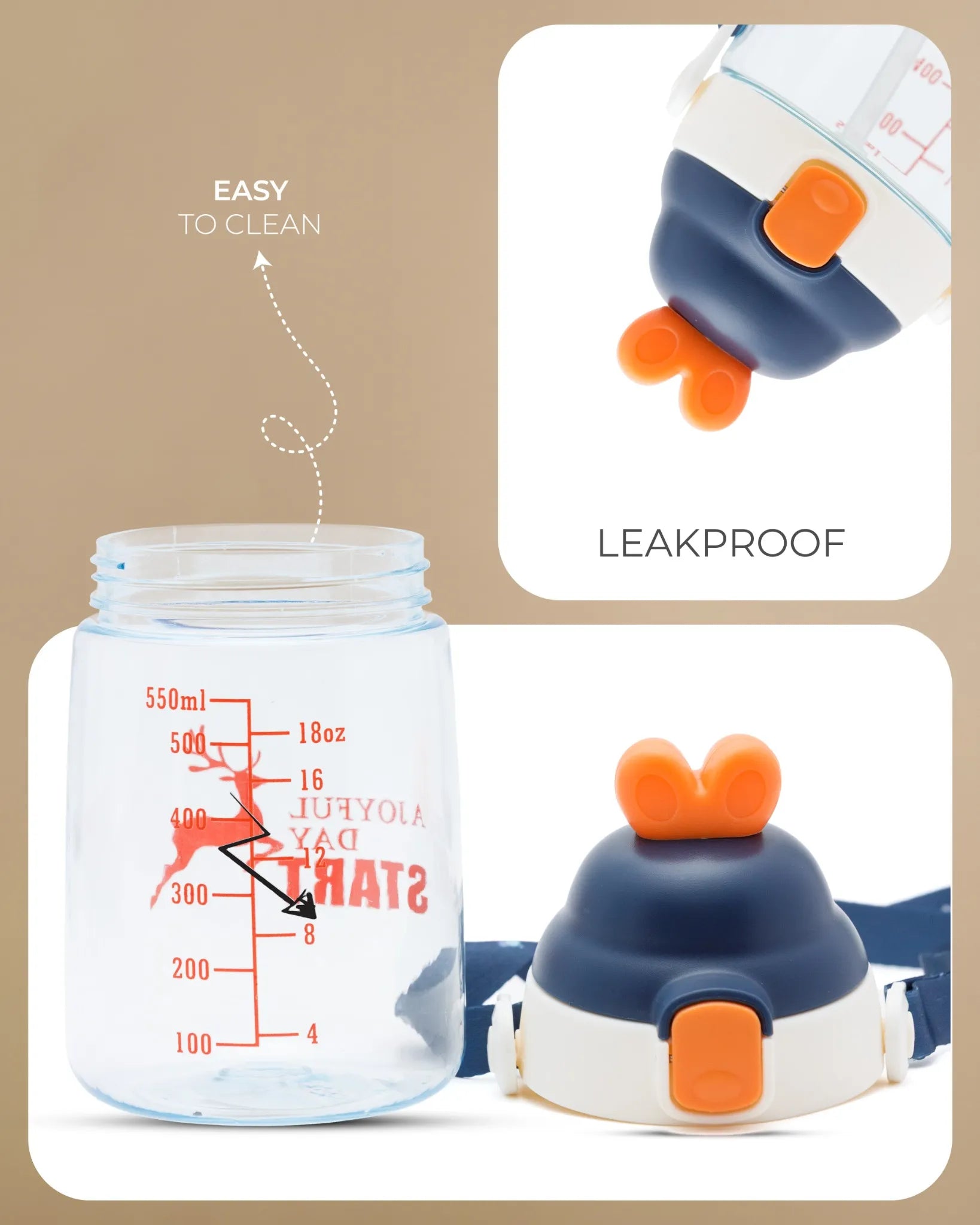 Joyful Day Sipper Bottle Navy – 550ml – BPA-Free Cartoon Strap Bottle – TUFULA