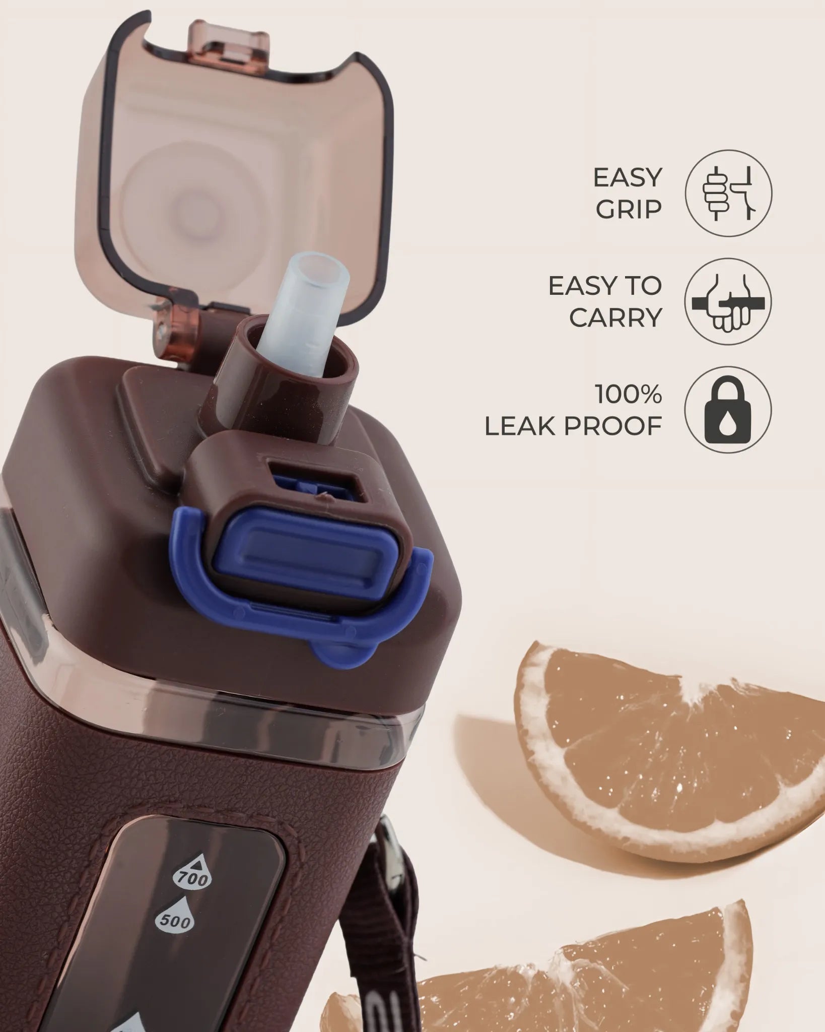 Transparent Sport Bottle Brown – 700ml Leak-Proof Hydration Bottle