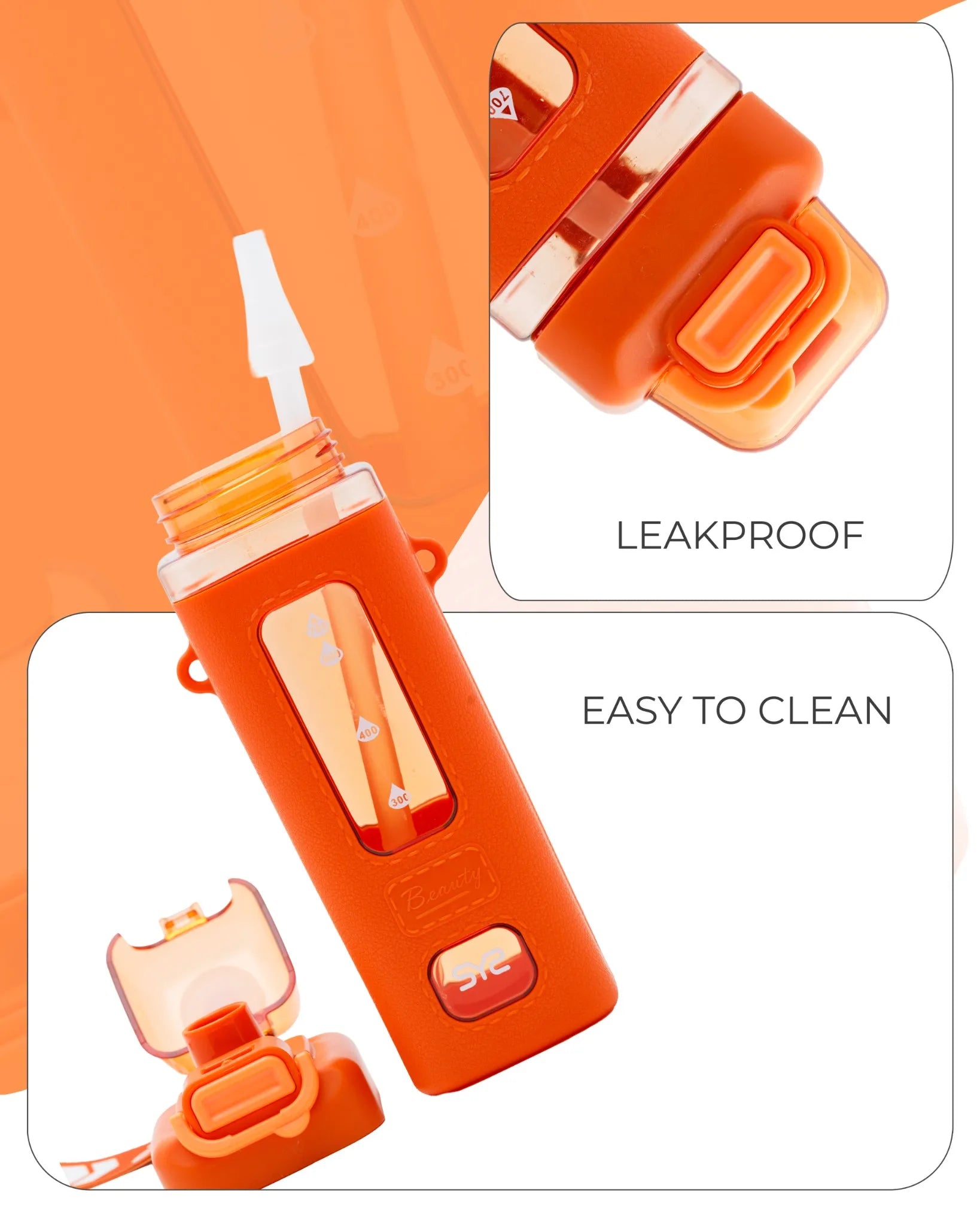 Transparent Sport Bottle Orange – 700ml BPA-Free with Measurement Scale