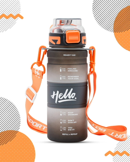 Black Motivational Hello Water Bottle – 300ml with Time Marker