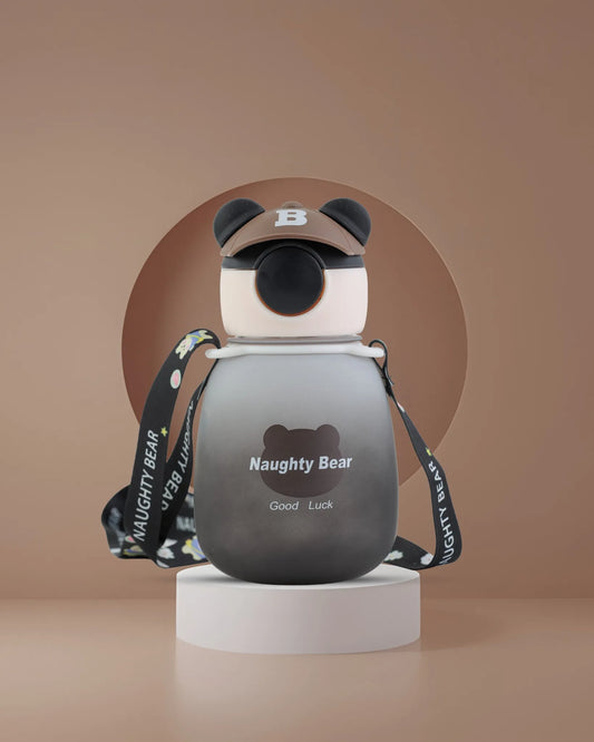 Black Naughty Bear Water Bottle with Strap – 350ml