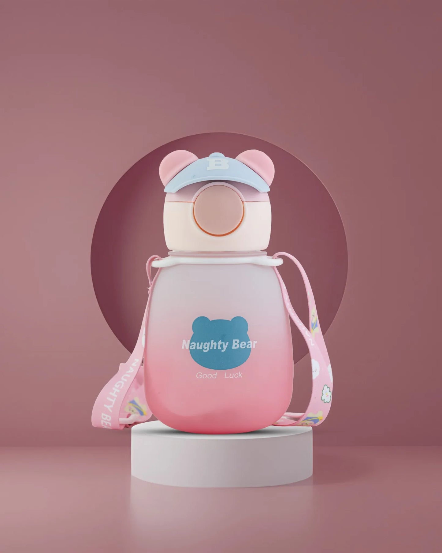 Pink Naughty Bear Bottle with Carry Strap – 350ml