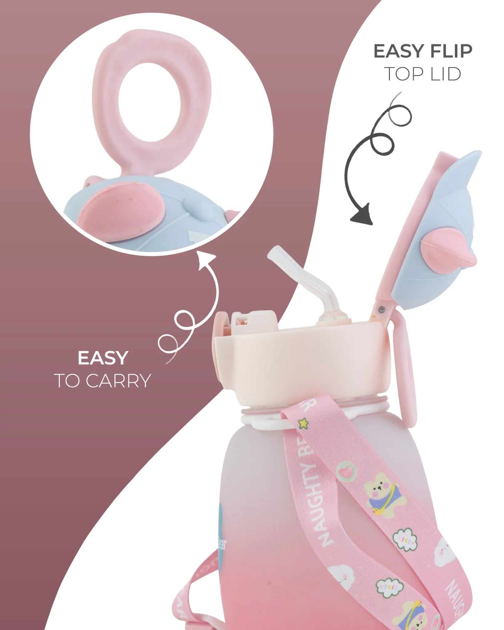 Pink Naughty Bear Bottle with Carry Strap – 350ml