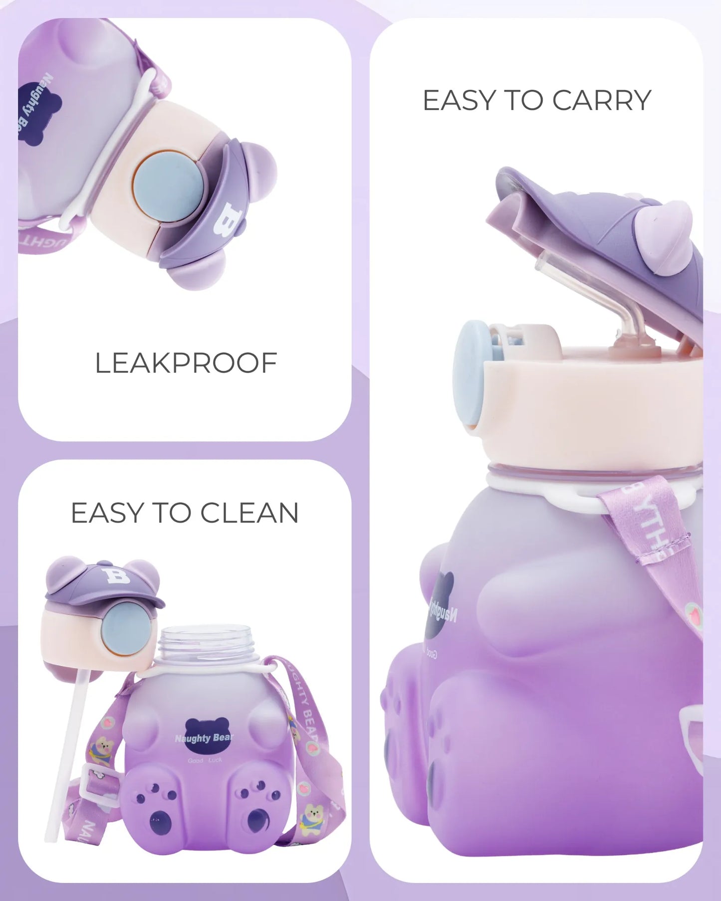 Purple Naughty Bear Paw Kids Bottle – 3D Bear Ears