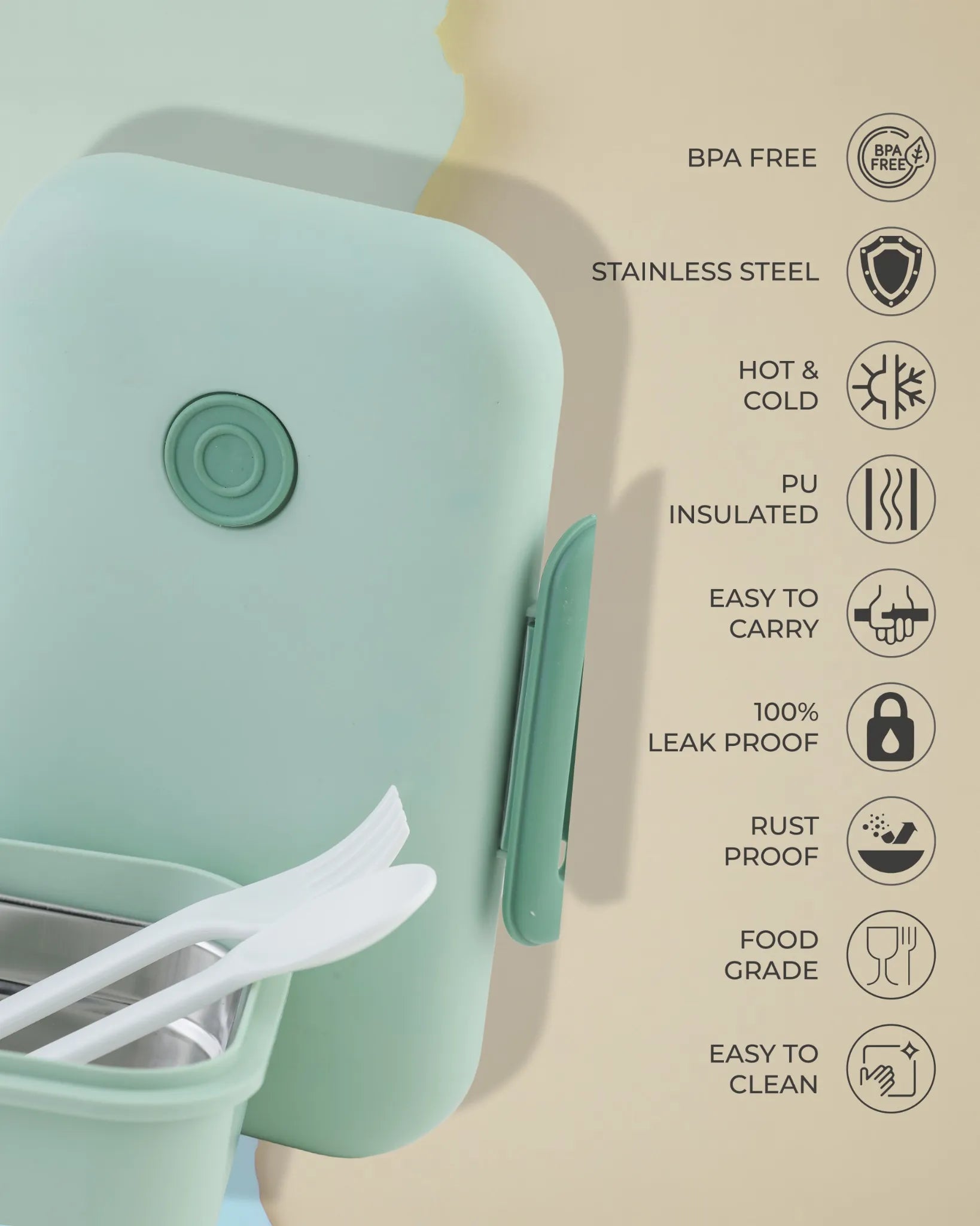 Green Pastel Lunch Box with Spoon – Clip Lock & Steel Interior – TUFULA