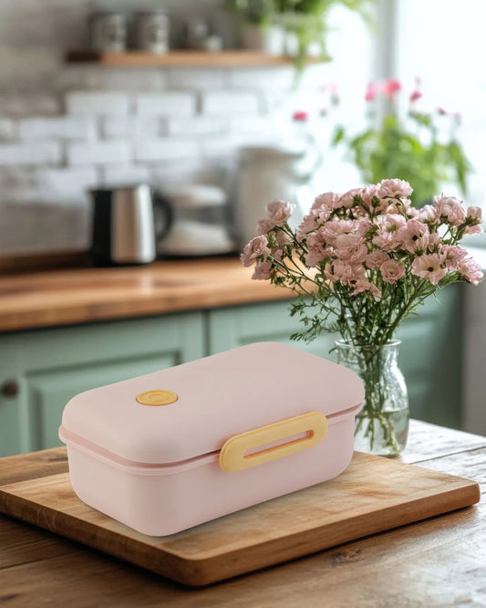 Pink Pastel Lunch Box with Spoon – Clip Lock & Steel Interior – TUFULA