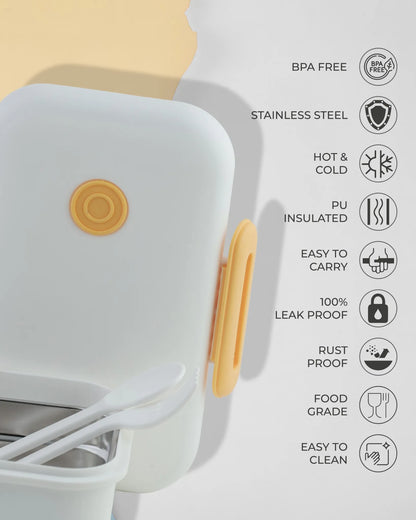 White Pastel Lunch Box with Spoon – Clip Lock & Steel Interior – TUFULA
