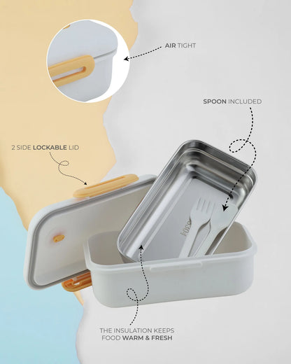 White Pastel Lunch Box with Spoon – Clip Lock & Steel Interior – TUFULA