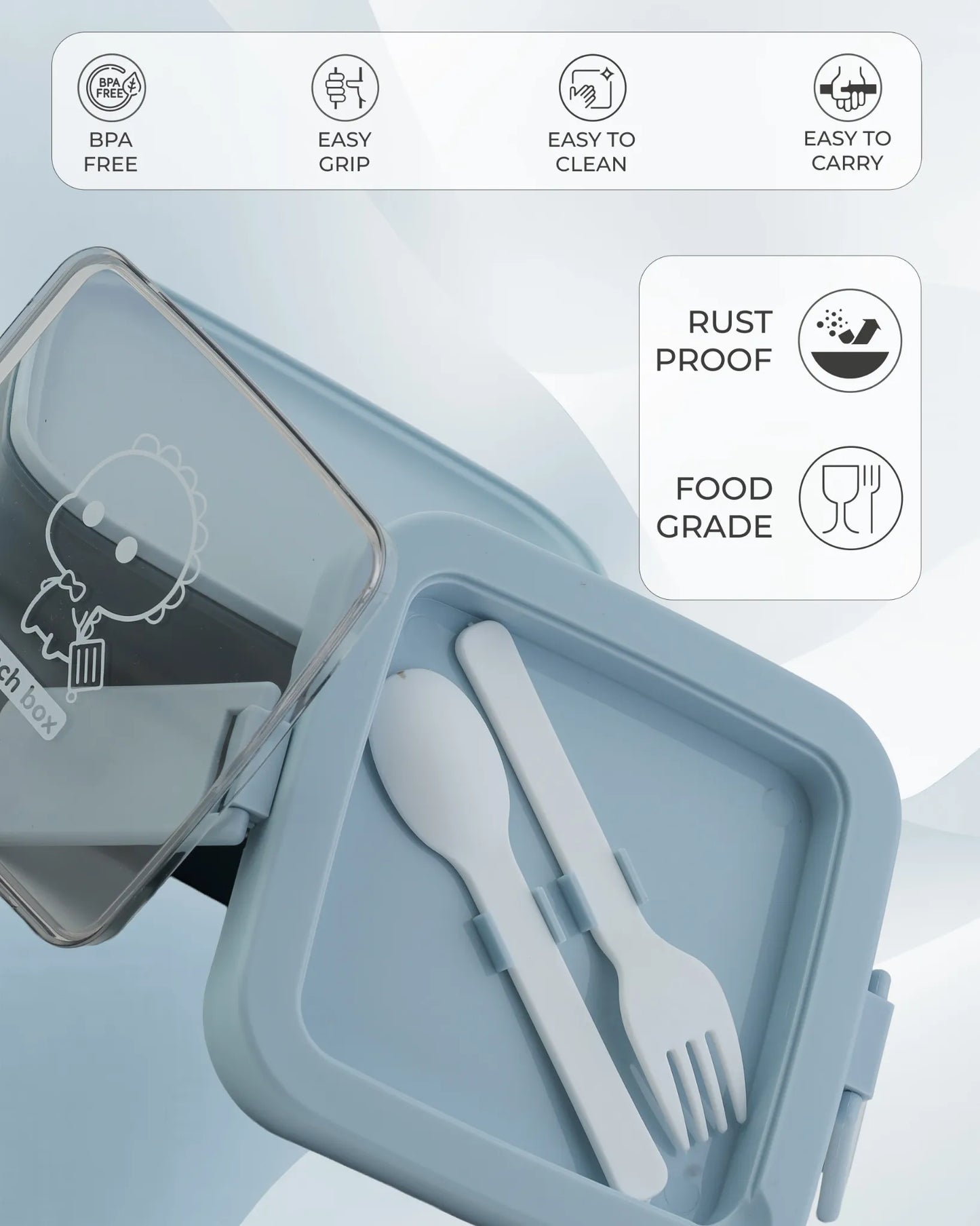Blue Transparent Lunch Box with Spoon – Clip Lock BPA-Free – TUFULA