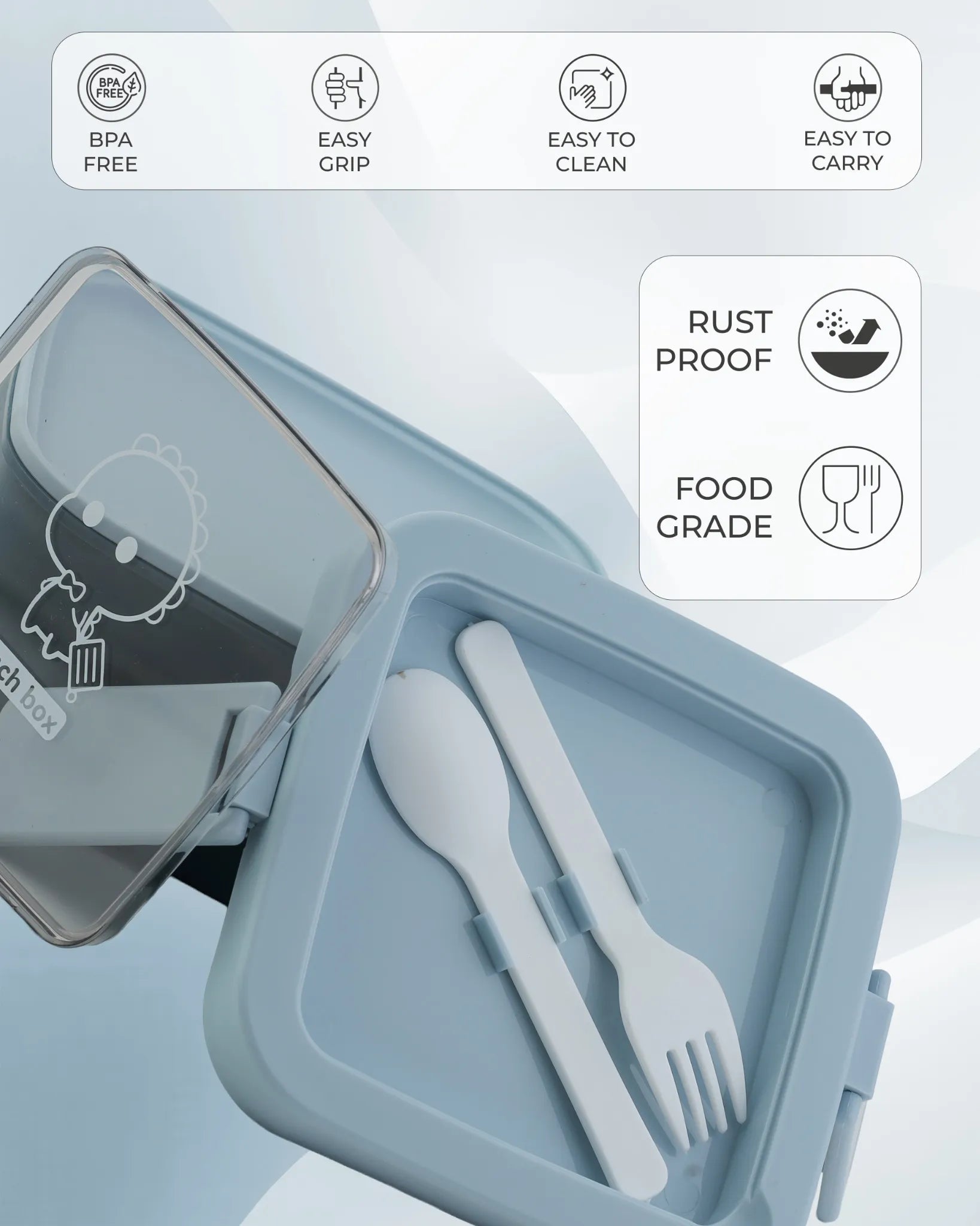 Blue Transparent Lunch Box with Spoon – Clip Lock BPA-Free – TUFULA