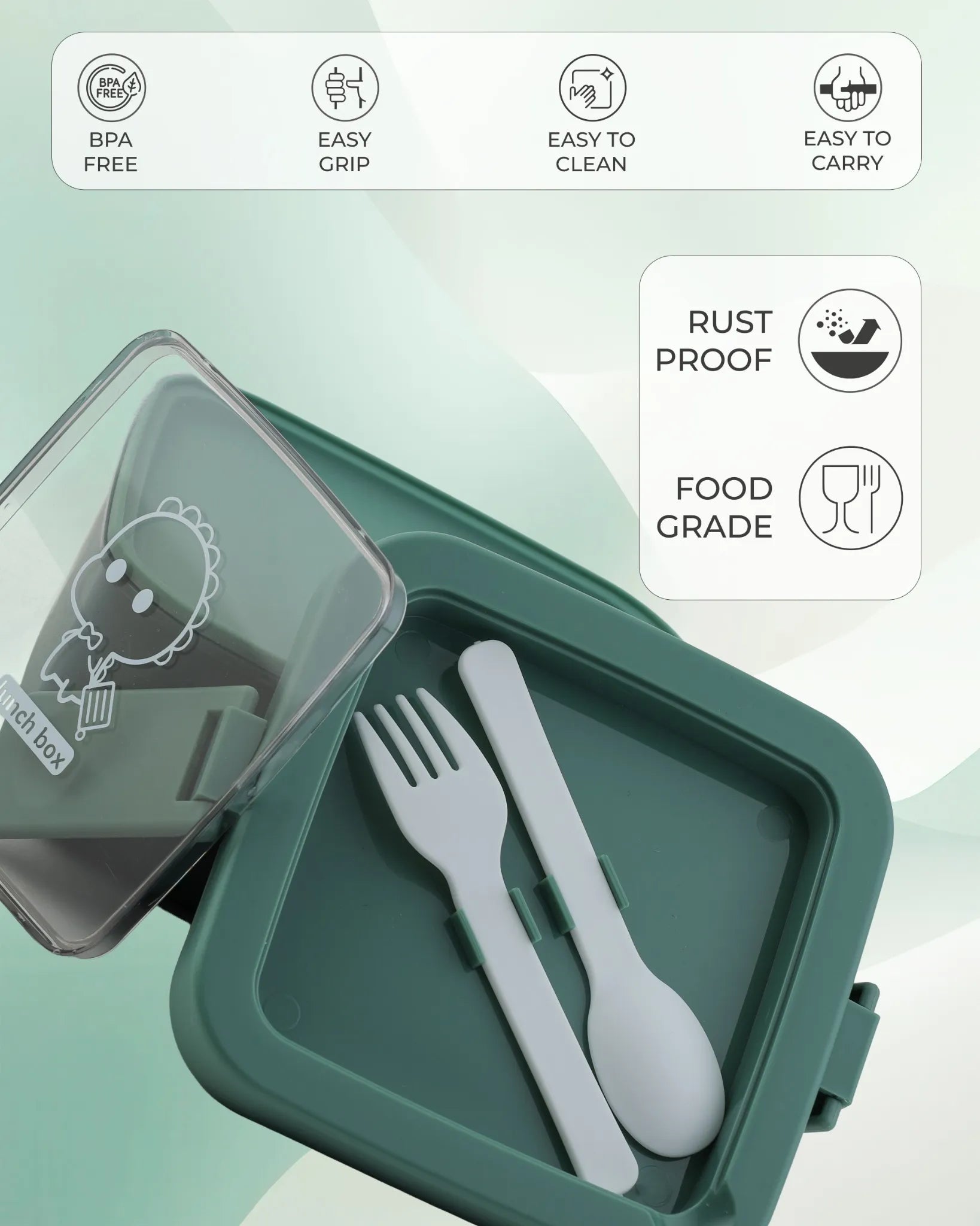 Green Transparent Lunch Box with Spoon – Clip Lock BPA-Free – TUFULA