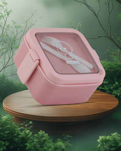 Pink Transparent Lunch Box with Spoon – Clip Lock BPA-Free – TUFULA