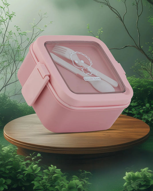 Pink Transparent Lunch Box with Spoon – Clip Lock BPA-Free – TUFULA