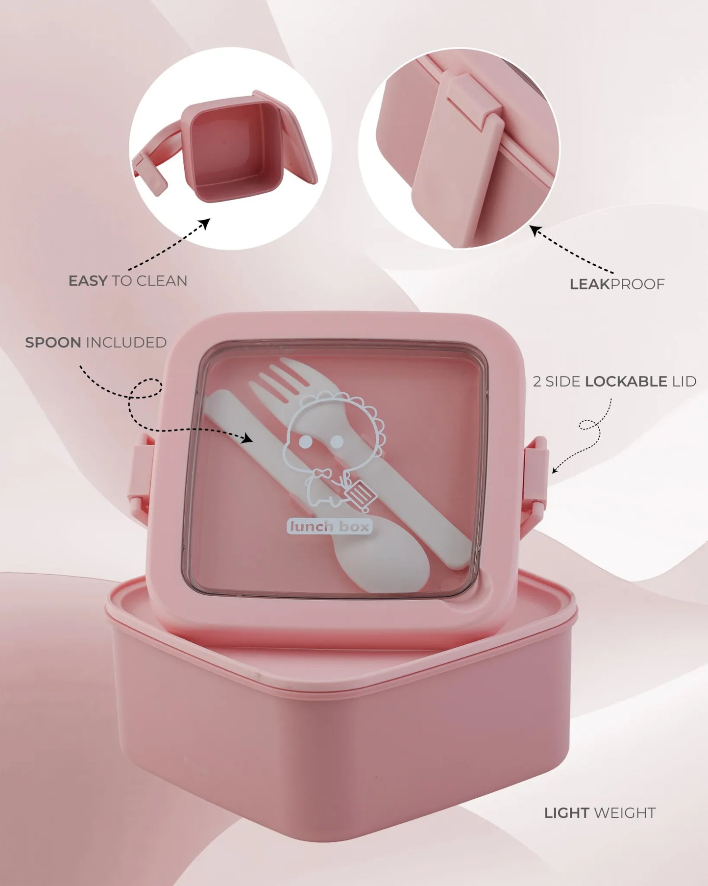 Pink Transparent Lunch Box with Spoon – Clip Lock BPA-Free – TUFULA