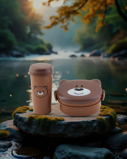 Brown Bear-Shaped Round Lunch Box with Bottle Set – TUFULA