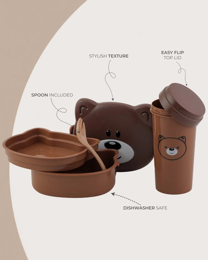 Brown Bear-Shaped Round Lunch Box with Bottle Set – TUFULA